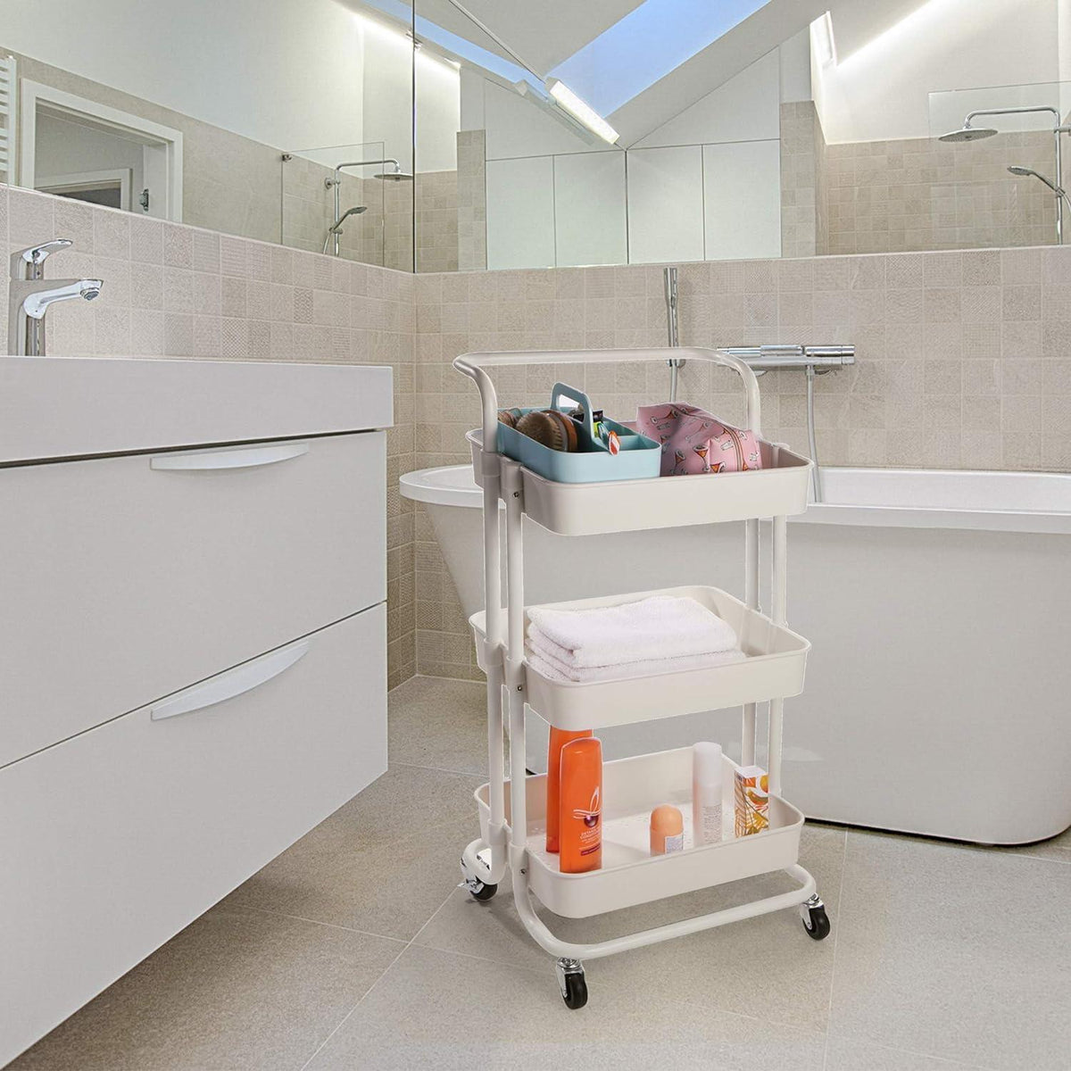 White three-tier rolling storage trolley — product view 2